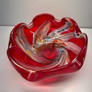 Vintage Fremo Glass Decorative Bowl Scalloped Edges Swirl Japan